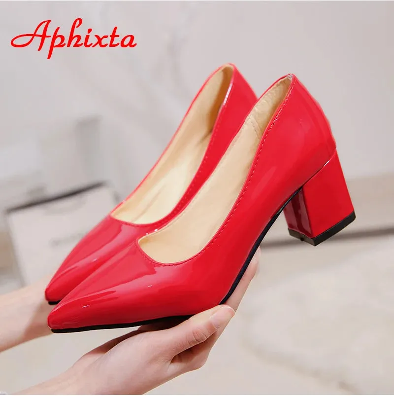 5cm Square Heels Patent Leather Red Pumps Shoes