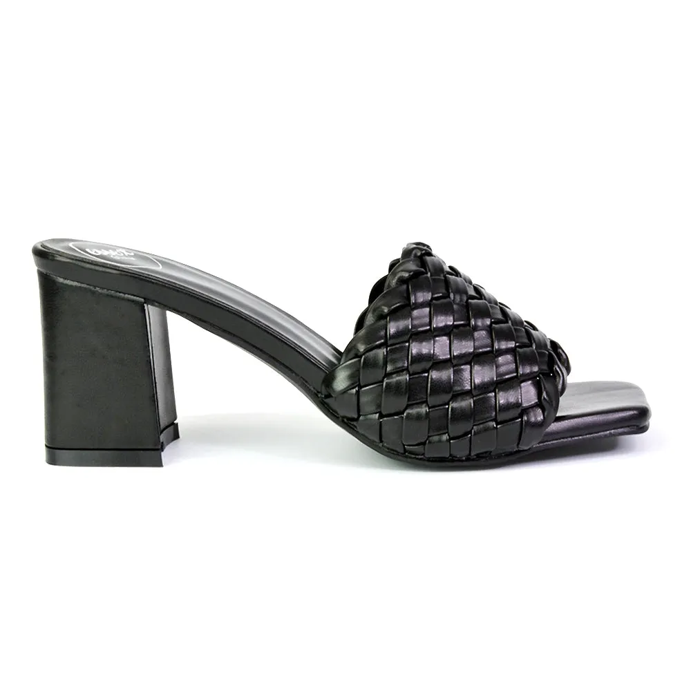 Aries Slip On Low Block Heel Sandals Square Toe Woven Mules In Black