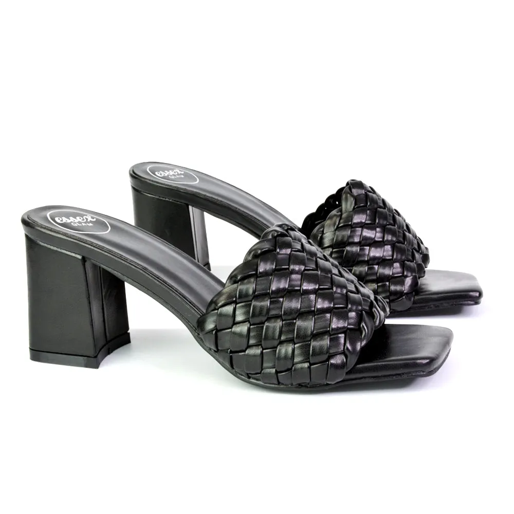 Aries Slip On Low Block Heel Sandals Square Toe Woven Mules In Black