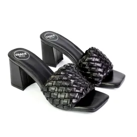 Aries Slip On Low Block Heel Sandals Square Toe Woven Mules In Black