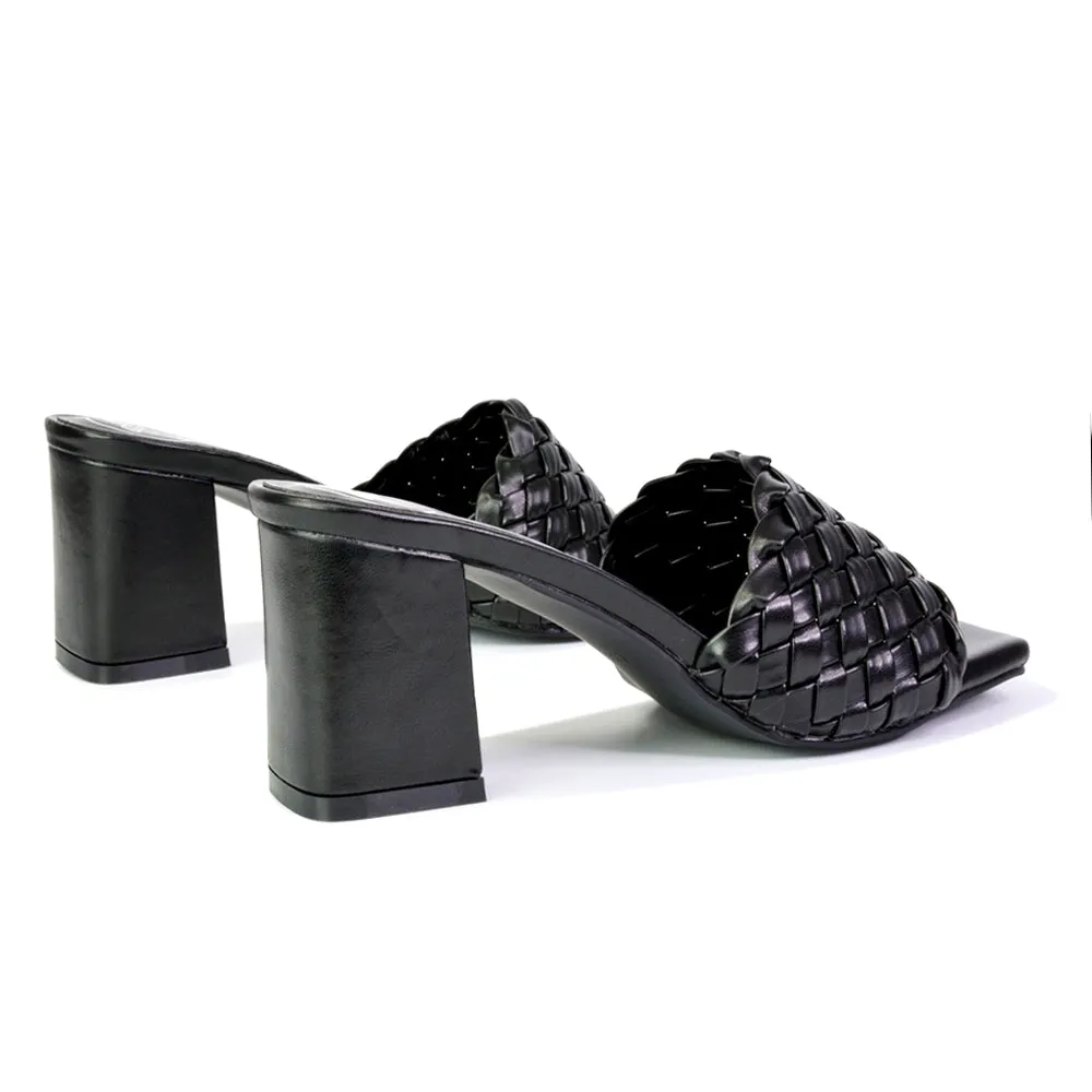 Aries Slip On Low Block Heel Sandals Square Toe Woven Mules In Black