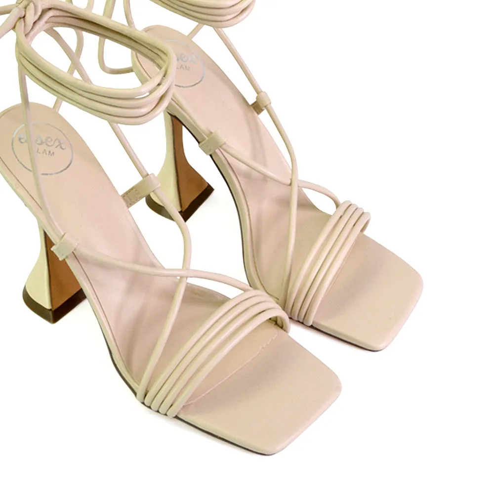 Axel Strappy Lace Up Square Toe Block Sculptured Heels in Nude