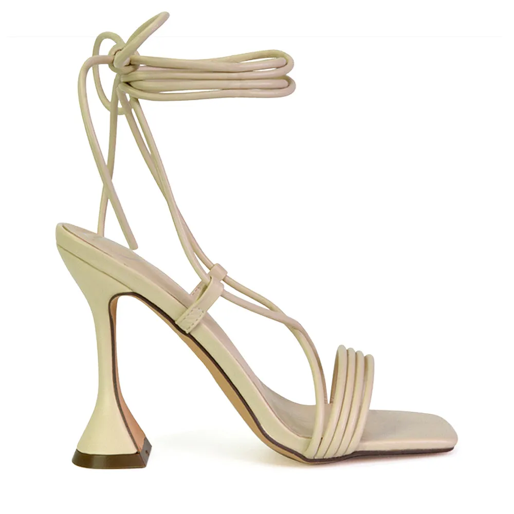 Axel Strappy Lace Up Square Toe Block Sculptured Heels in Nude