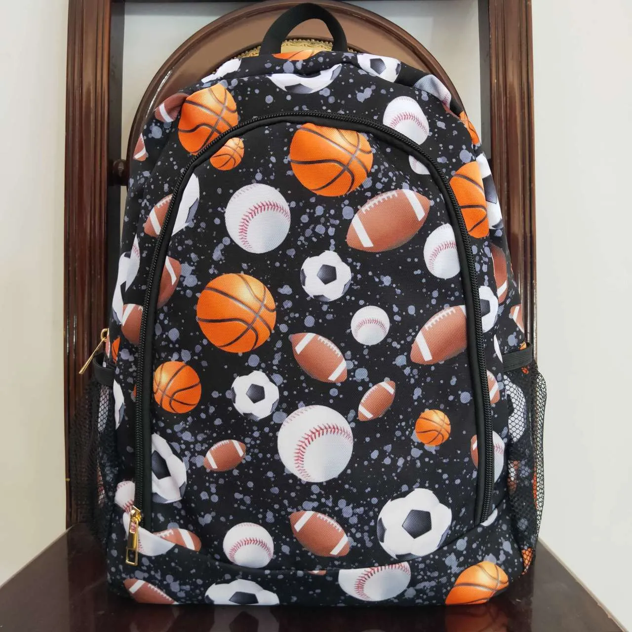 black baseball football print backpack bag BA0125