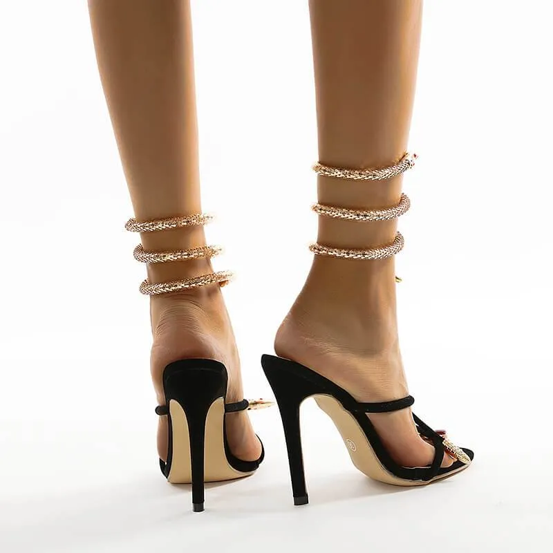 Black Open Toe High Heel Snake Embellished Sandals