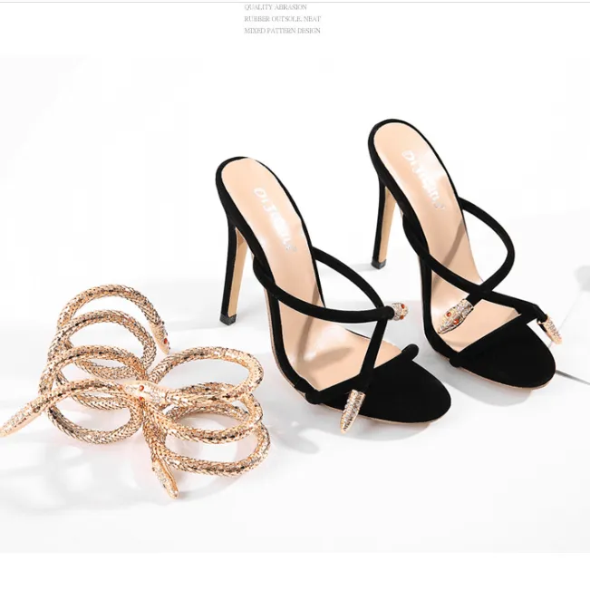 Black Open Toe High Heel Snake Embellished Sandals