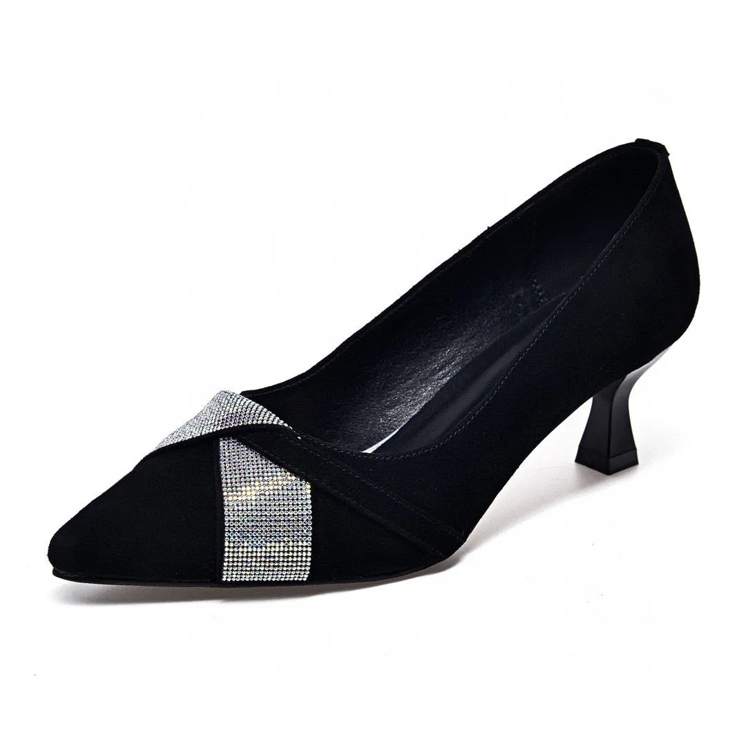 Black Sheepskin Rhinestone Pointed High Heels