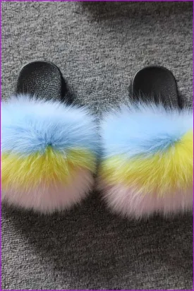 Blue Yellow Pink Kids Fluffy Slides #2 F923