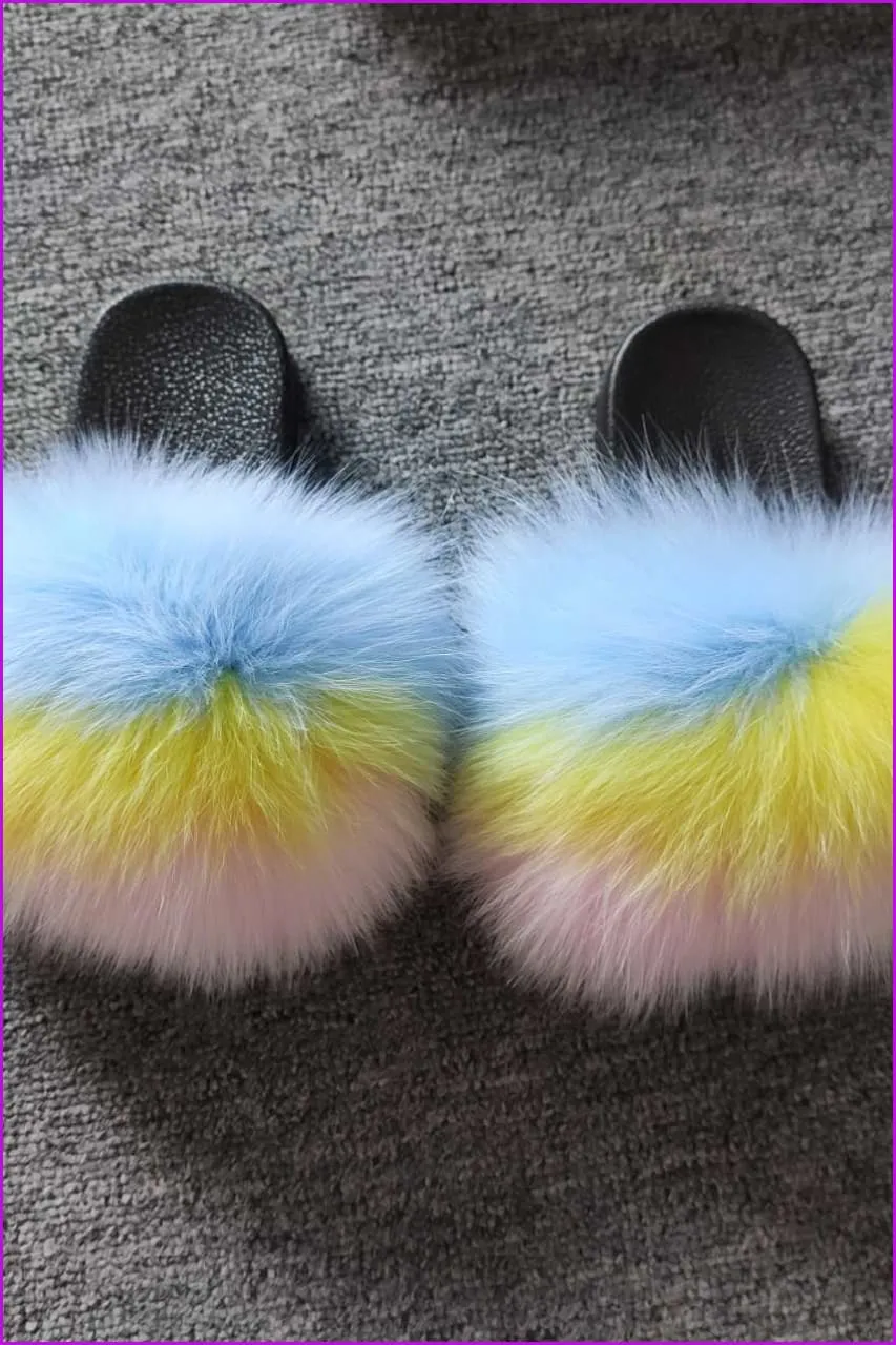 Blue Yellow Pink Kids Fluffy Slides #2 F923