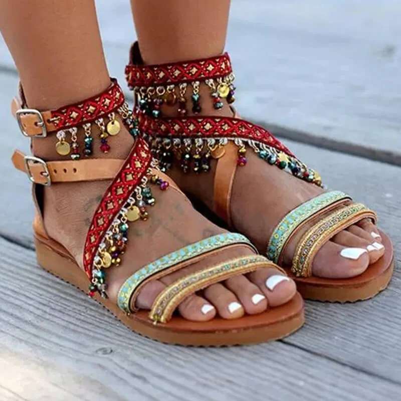 Brown Flat  Strappy Embellished Buckle Sandals