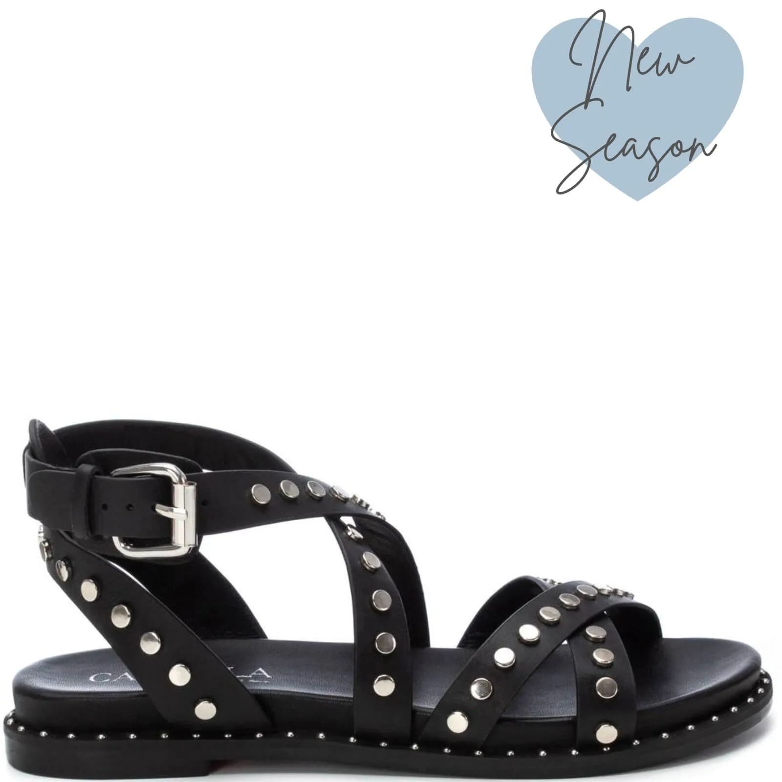 Carmela Studded Black Strappy Flat Sandals