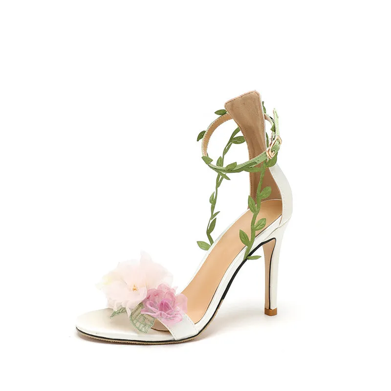 Chiffon Floral High Heels - White