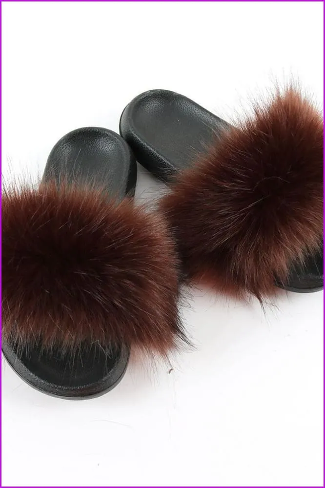 Coffee Faux Fake Big Fur Slides F152