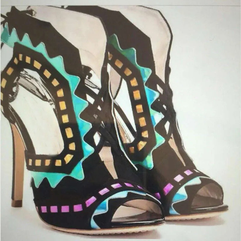 Color Block Strap Suede Cutout High Heel Sandals