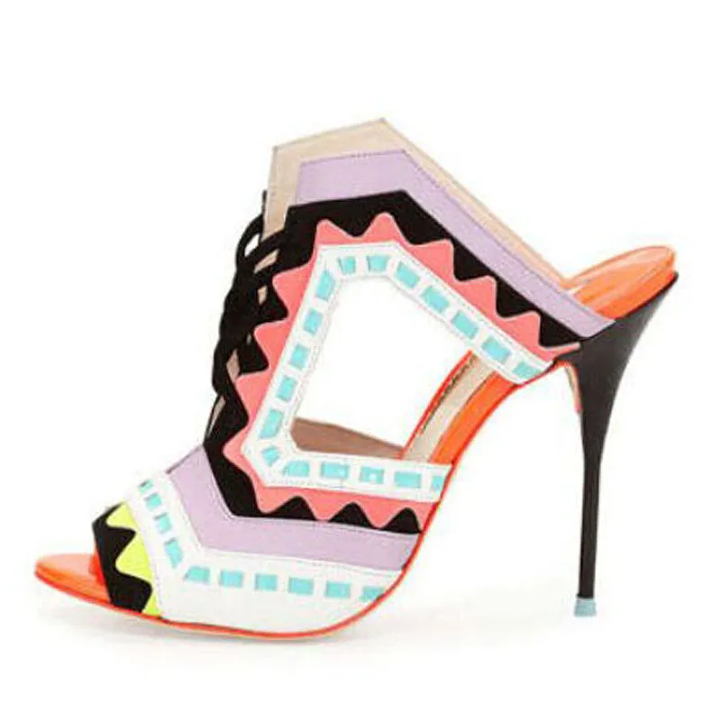 Color Block Strap Suede Cutout High Heel Sandals