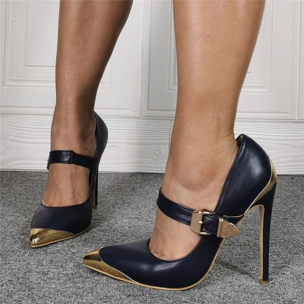 Dark Blue PU Point Toe High Heels