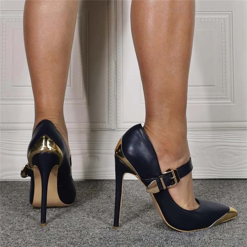 Dark Blue PU Point Toe High Heels