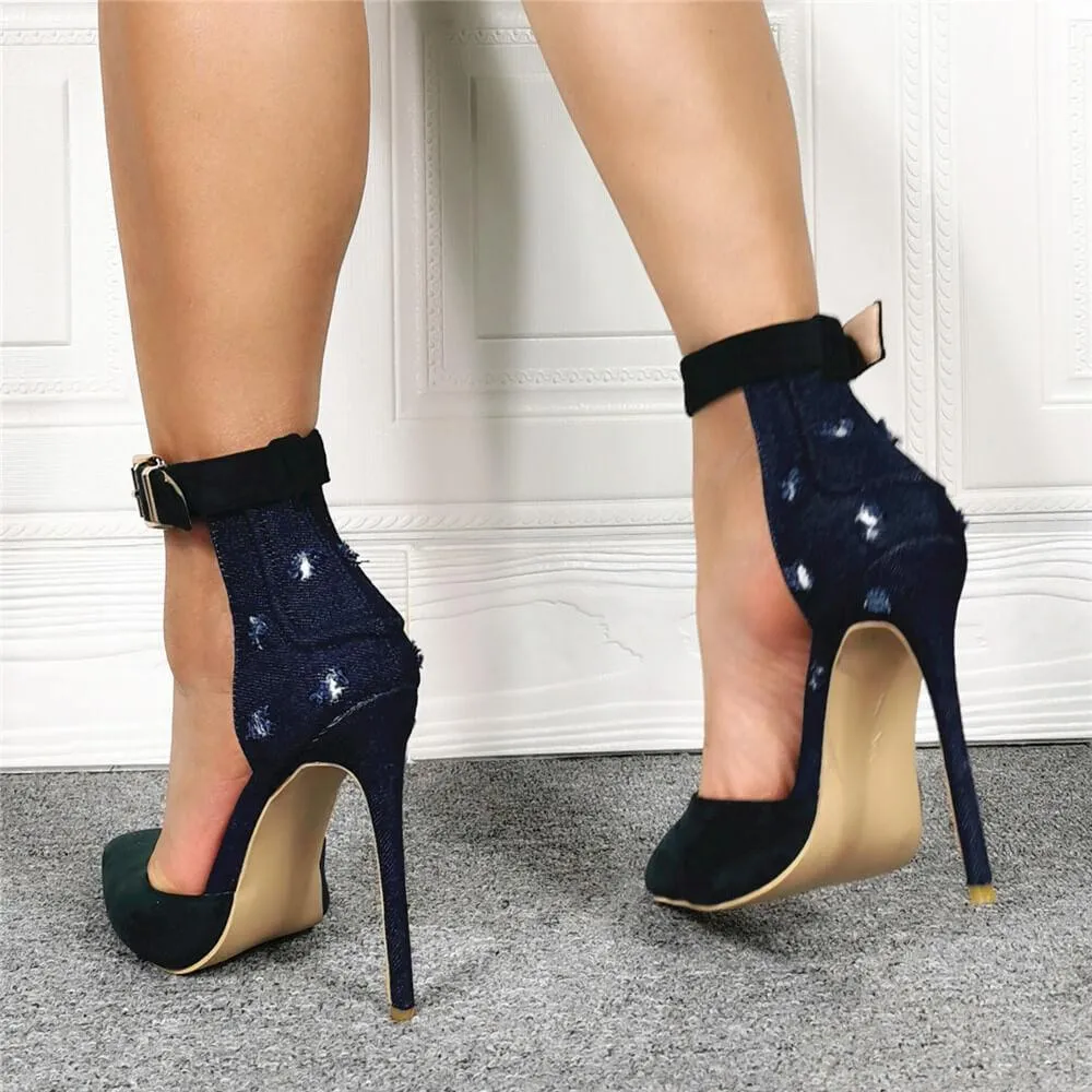 Denim Dark Blue Point Toe High Heel Sandals