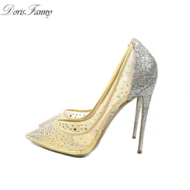 DorisFanny silver bling fashion design women's high heel pumps summer see through Party Wedding stiletto shoes 12cm thin heels