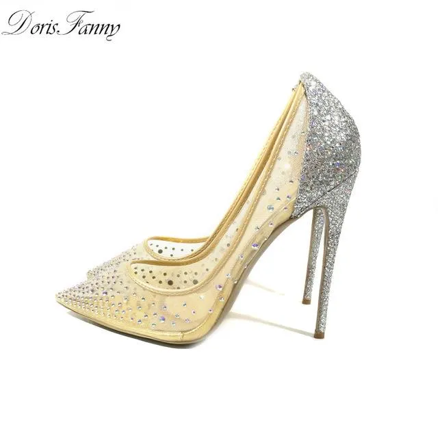 DorisFanny silver bling fashion design women's high heel pumps summer see through Party Wedding stiletto shoes 12cm thin heels