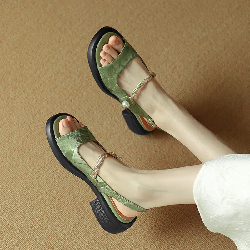 Elegant Soft-Soled Pearl Block-Heeled Sandals