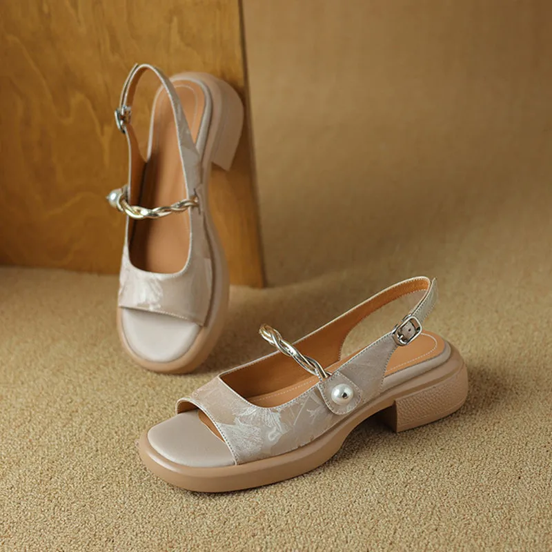 Elegant Soft-Soled Pearl Block-Heeled Sandals