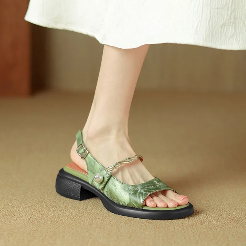 Elegant Soft-Soled Pearl Block-Heeled Sandals