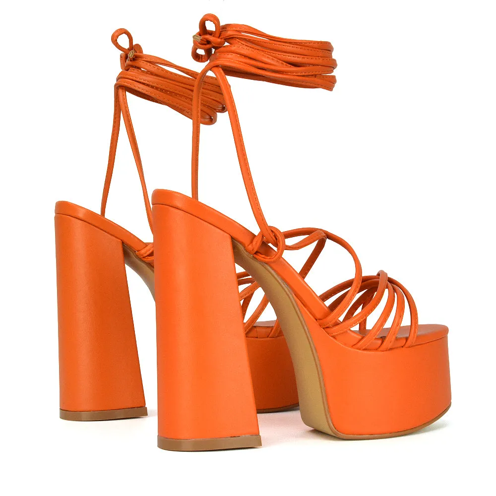 Estelle Lace Up Platform Chunky Sole Block Strappy High Heels in Orange Synthetic Leather