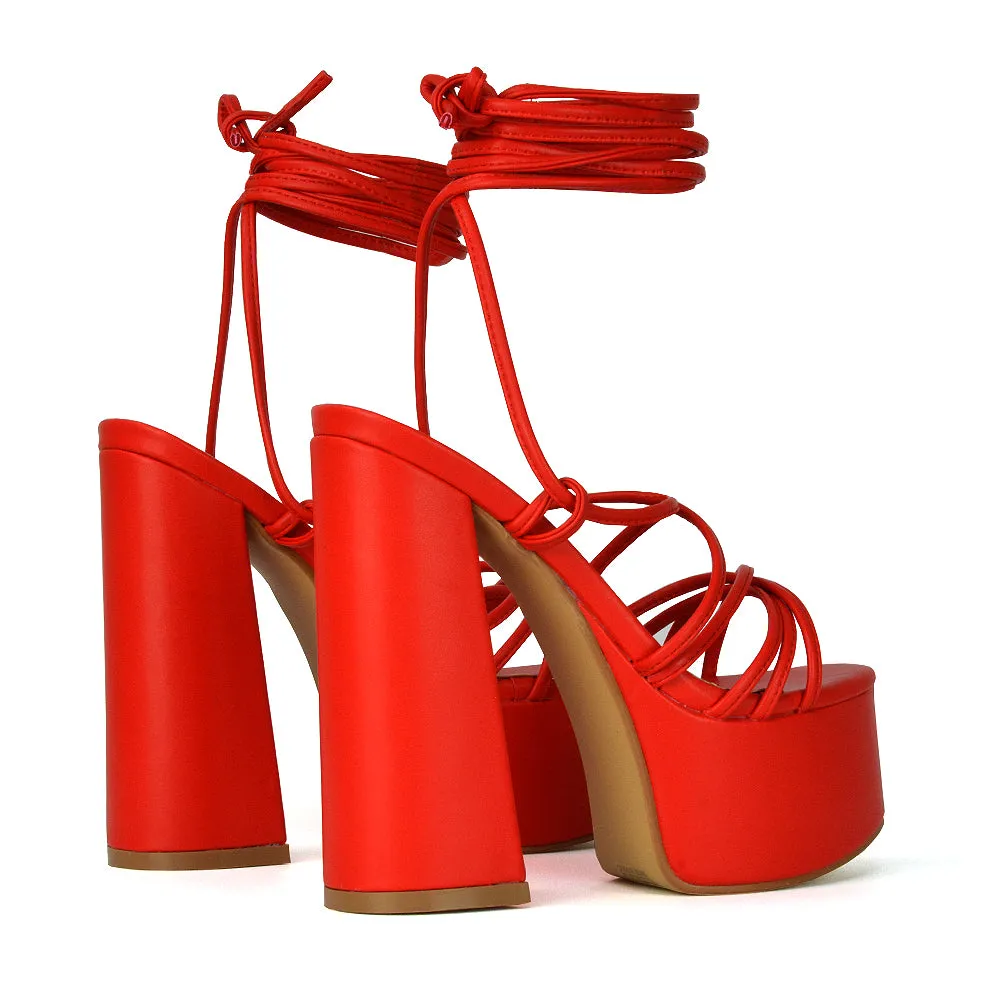 Estelle Lace Up Platform Chunky Sole Block Strappy High Heels in Orange Synthetic Leather