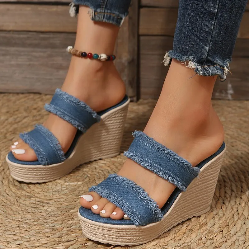 Fashion Denim Blue Wedges Sandals Women Summer 2023 Chunky Platform Heeled Sandals Woman Plus Size 42 Thick Soled Beach Shoes