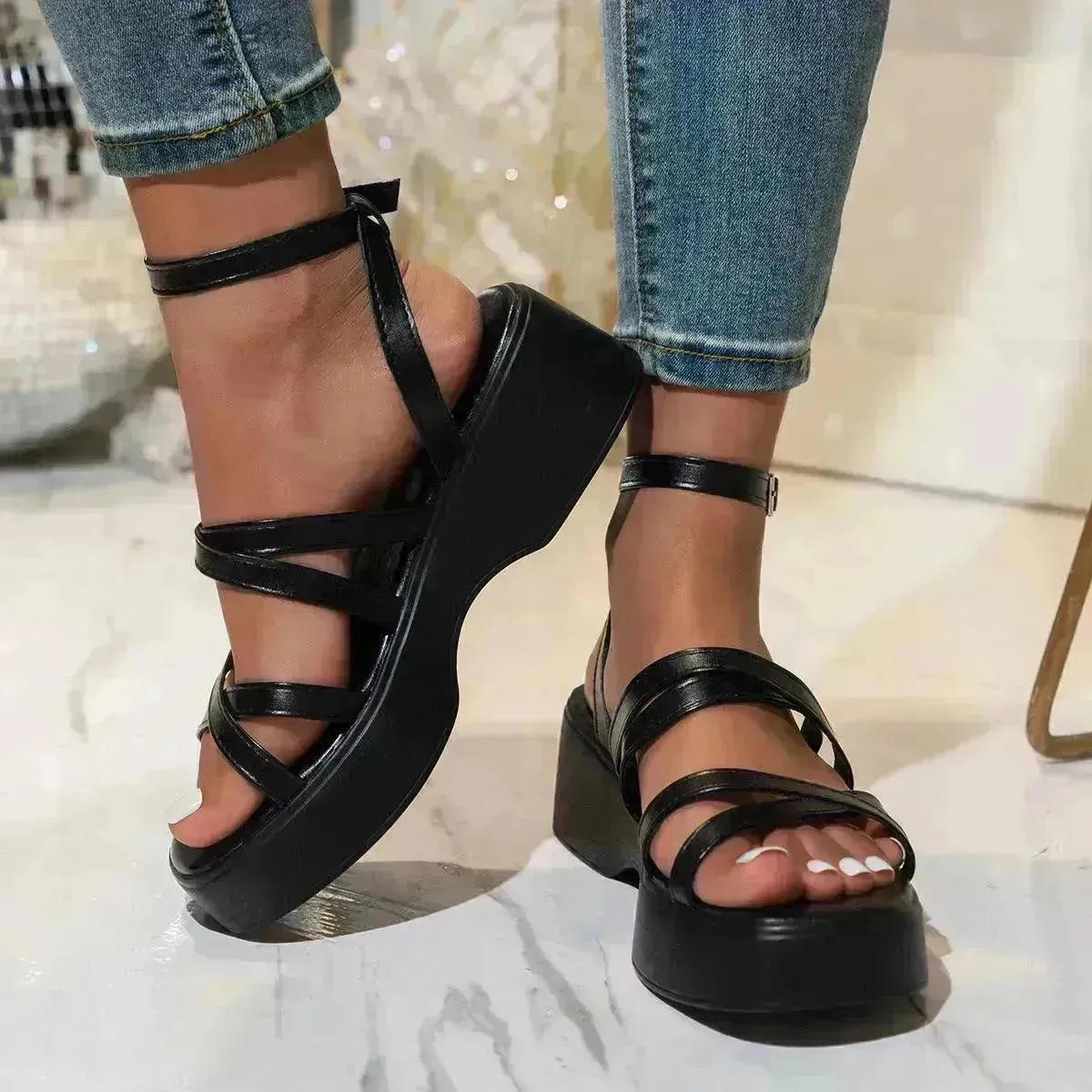 Fine Fashion Platform Cross Strap Buckle Women Sandals