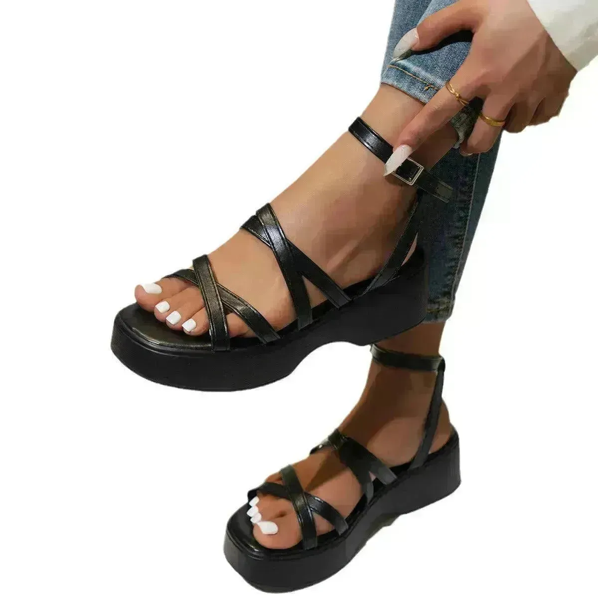 Fine Fashion Platform Cross Strap Buckle Women Sandals