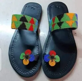 Green multicolor handmade beaded leather ladies maasai/masai/masaai slippers sandals with free shipping