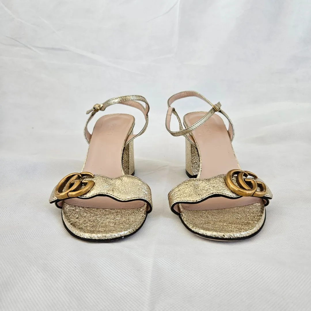 Gucci Gold Textured Leather Sandals, 38