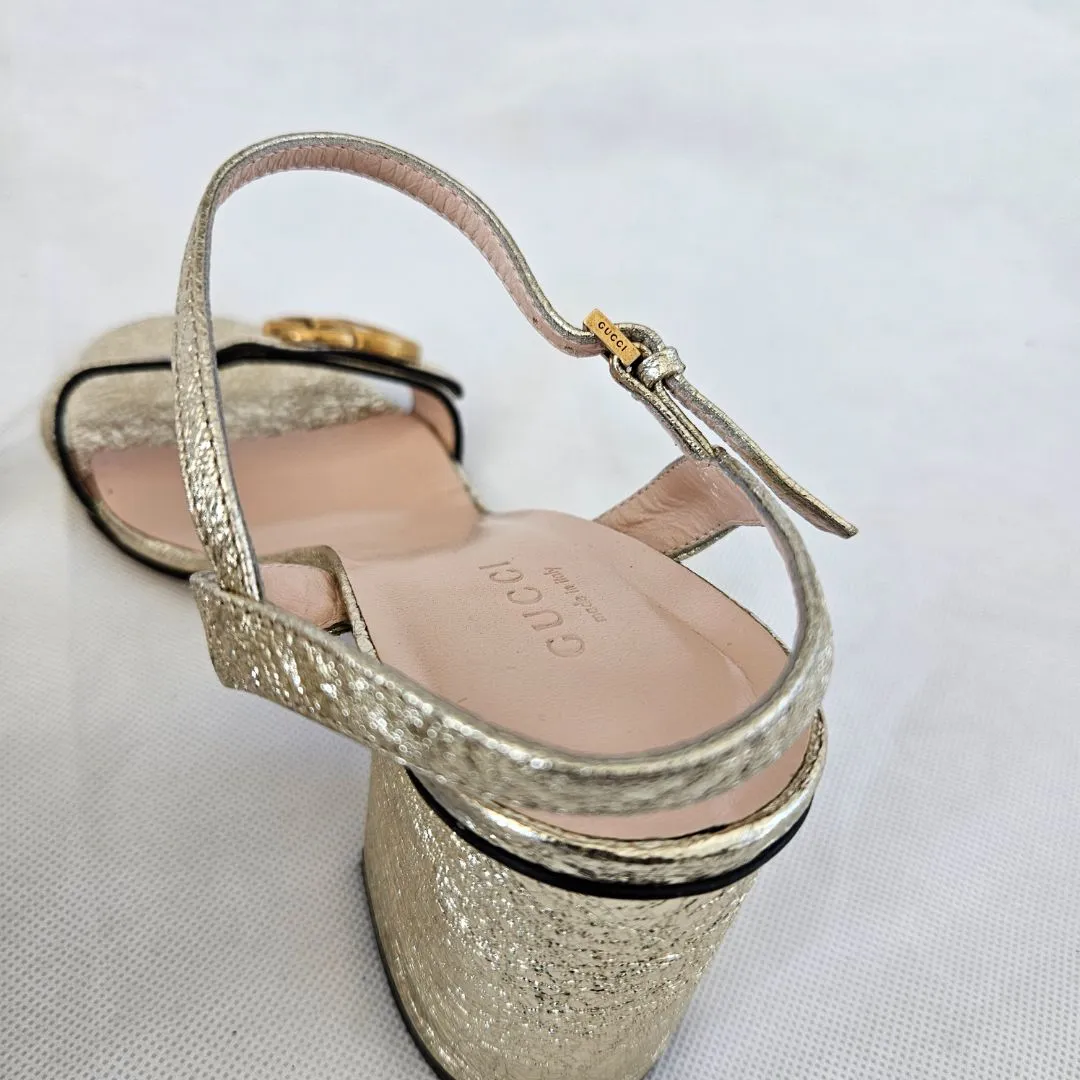 Gucci Gold Textured Leather Sandals, 38