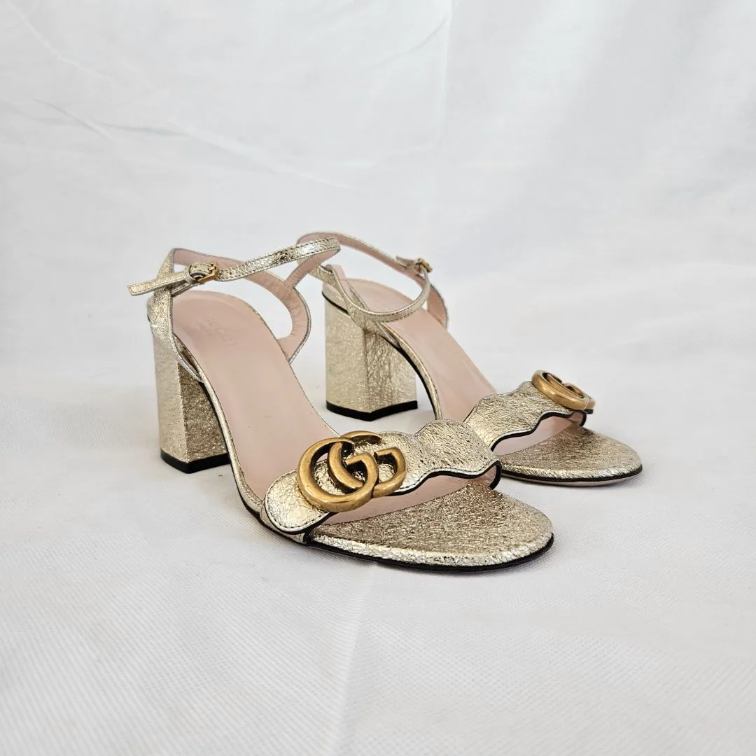 Gucci Gold Textured Leather Sandals, 38