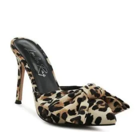 Joelle High Heel Bow Tie Leopard Print Mules