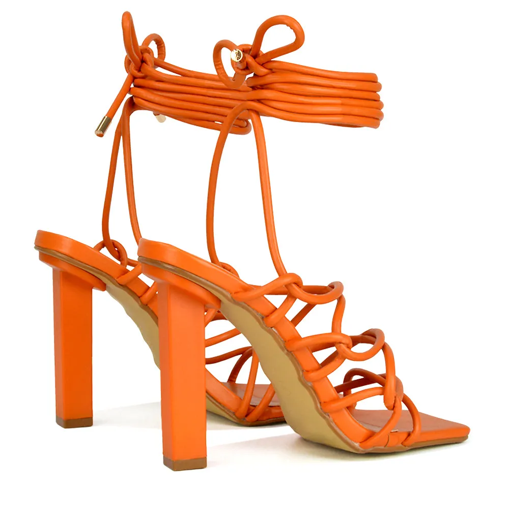 Jolene Strappy Square Toe Block High Heels Lace up Sandals in Orange Synthetic Leather