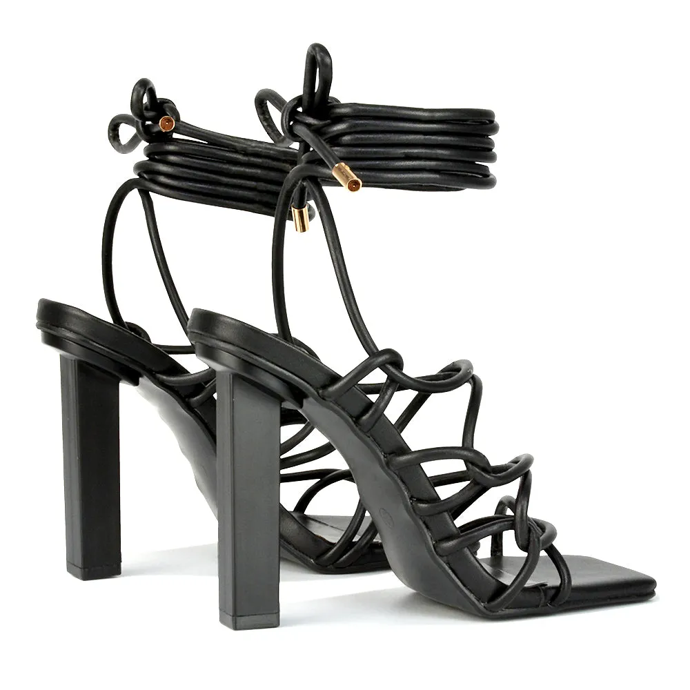 Jolene Strappy Square Toe Block High Heels Lace up Sandals in Orange Synthetic Leather