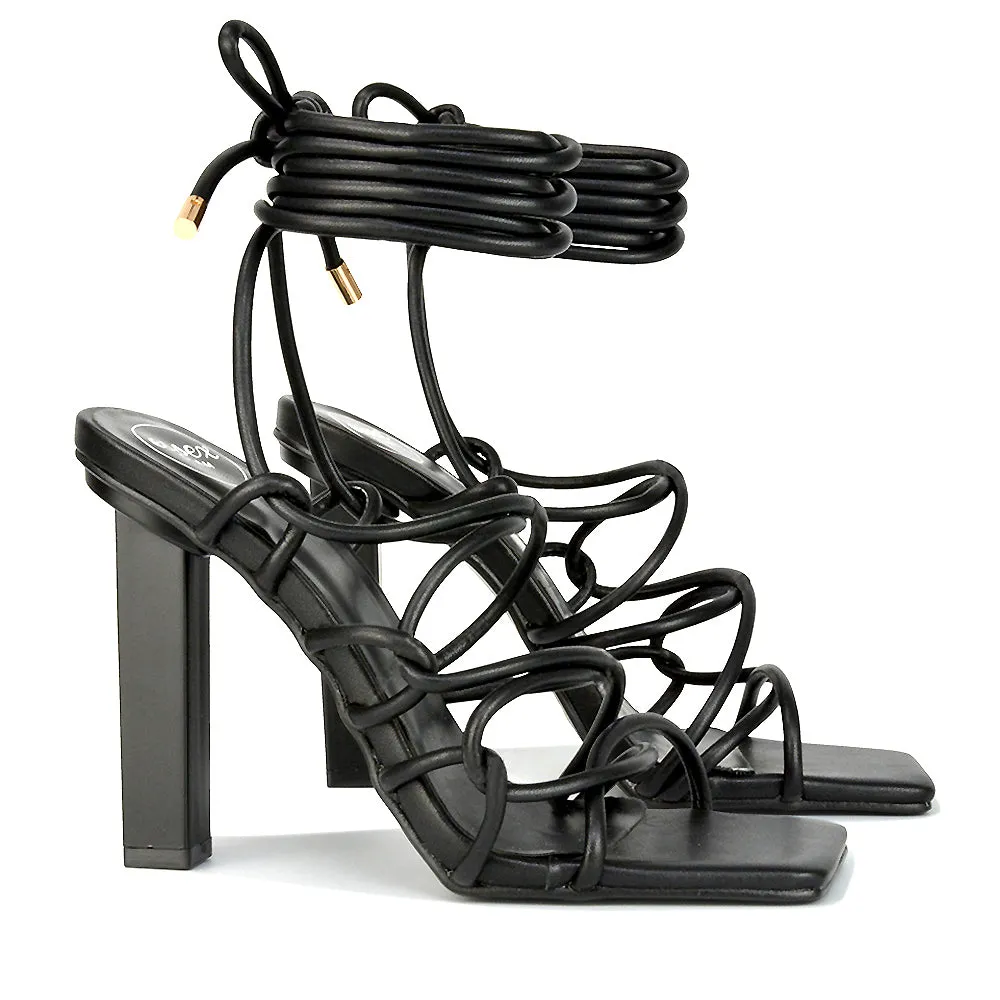 Jolene Strappy Square Toe Block High Heels Lace up Sandals in Orange Synthetic Leather