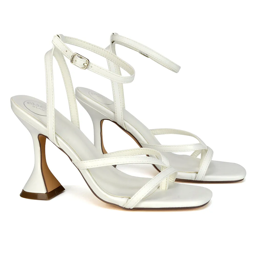 Joni Square Toe Post Block Strappy Sculptured High Heel Sandals in White Synthetic Leather