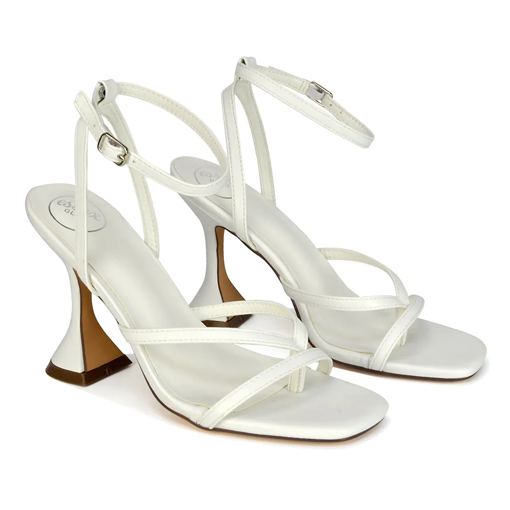 Joni Square Toe Post Block Strappy Sculptured High Heel Sandals in White Synthetic Leather