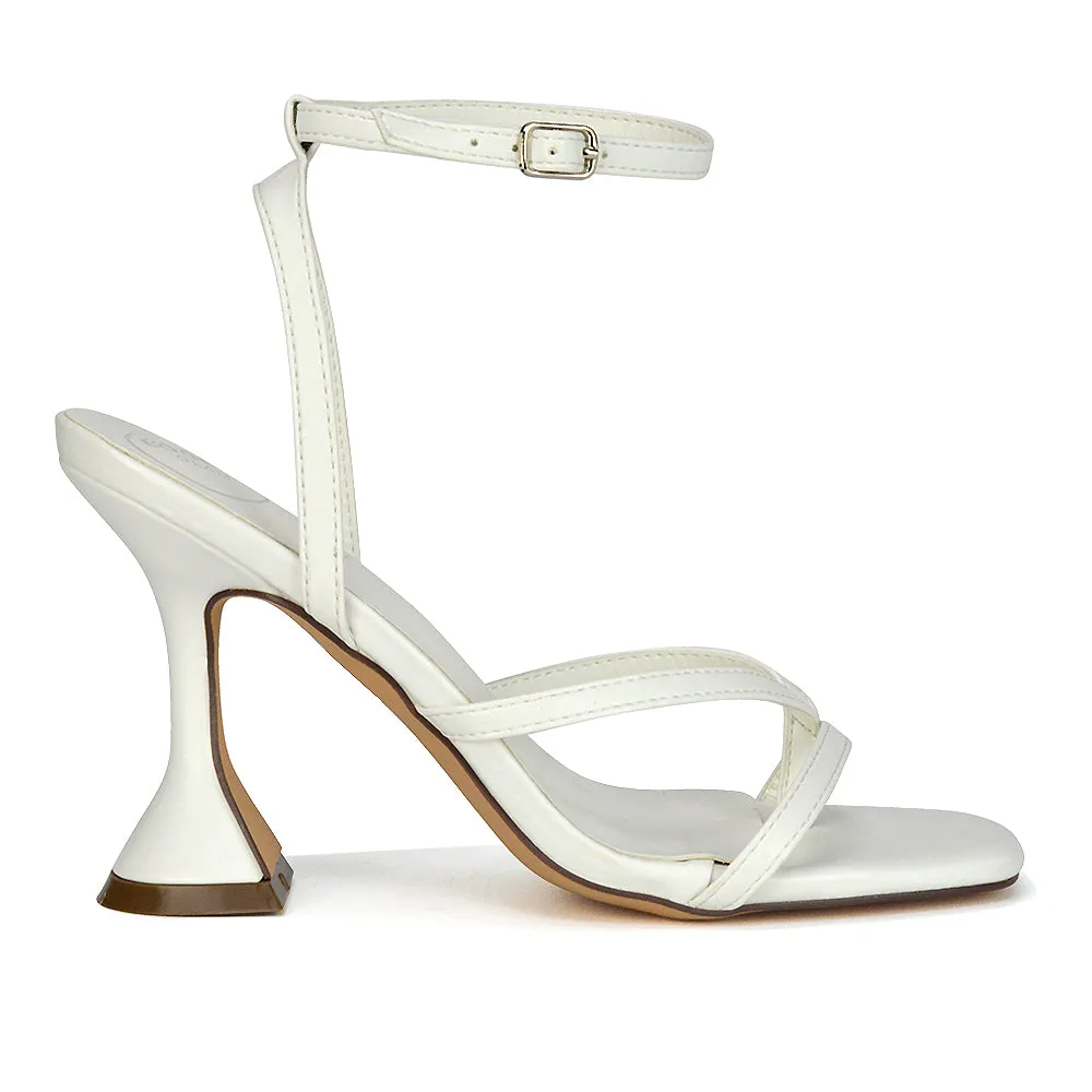 Joni Square Toe Post Block Strappy Sculptured High Heel Sandals in White Synthetic Leather