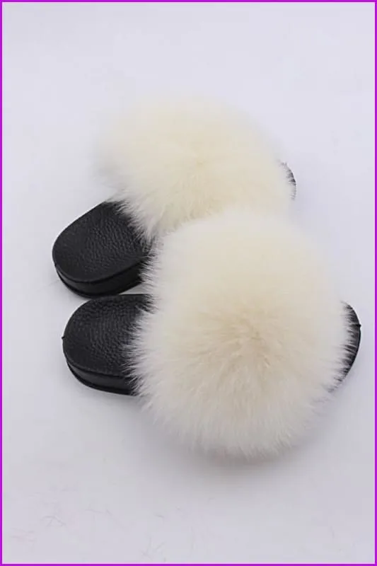 Kids Beige Fox Fur Sliders F003