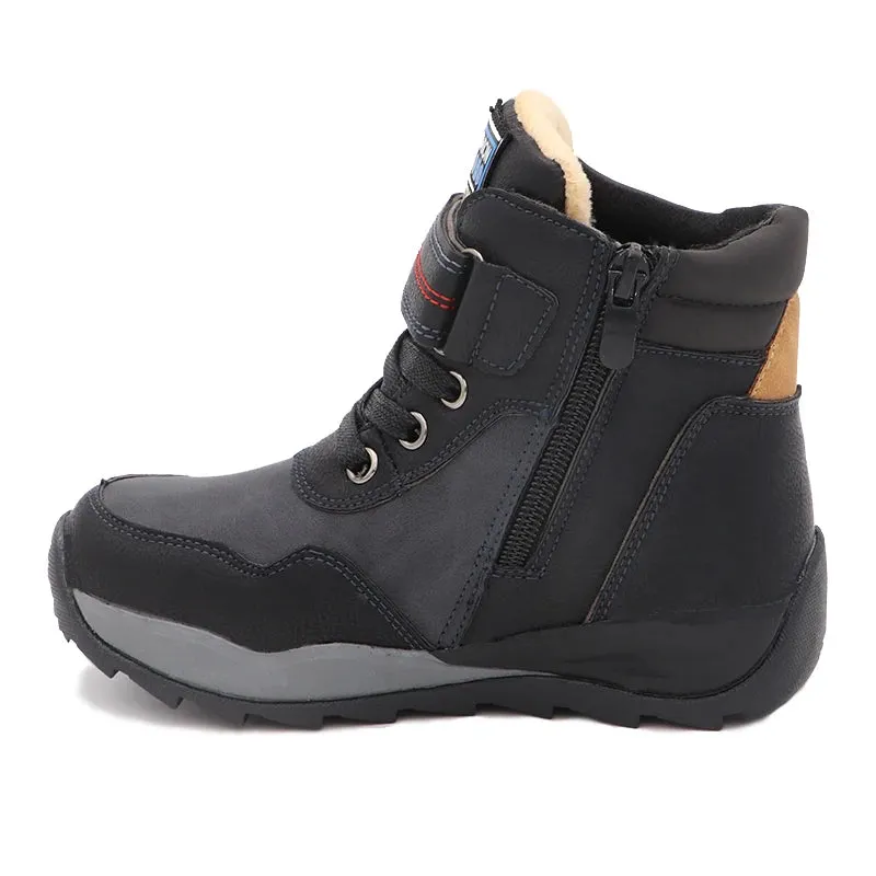 Kids Boys Black And Skyblue Mid-Calf Leather Snow Boots