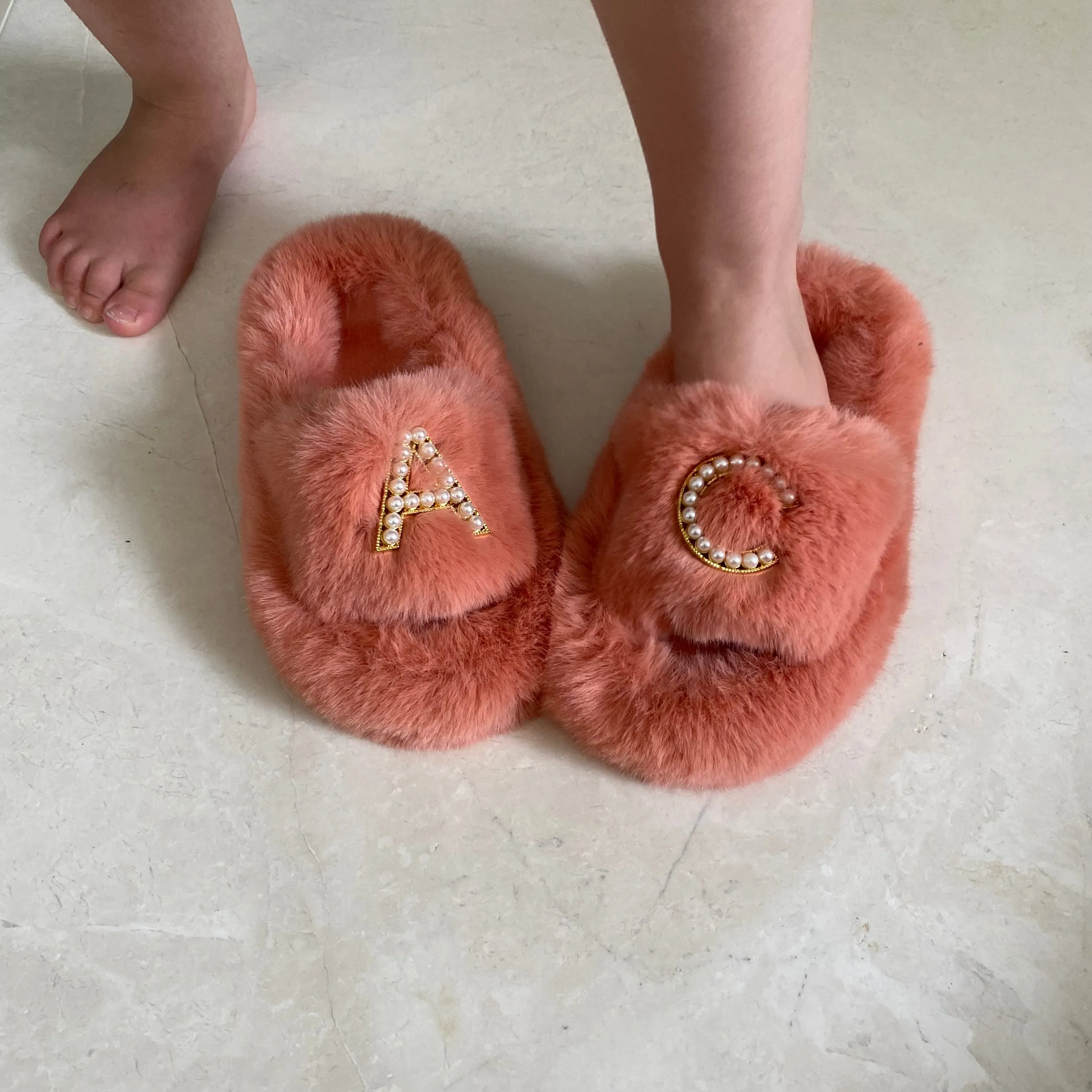 Kids Furry Slides Pink/Orange