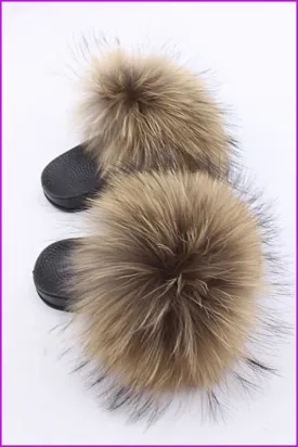 Kids Raccoon Fur Sliders F003