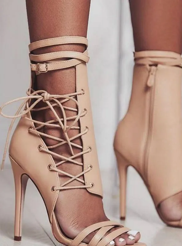 Lace Up Peep Toe Sandals High Heels Ankle Boots