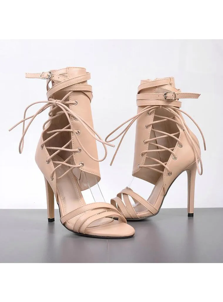 Lace Up Peep Toe Sandals High Heels Ankle Boots