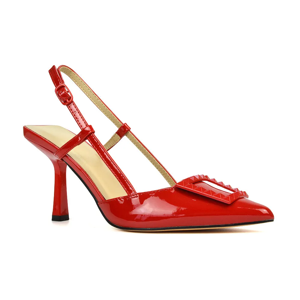 Lara Pointed Toe Square Buckle Slingback Stiletto High Heels Court Shoes in Red Patent